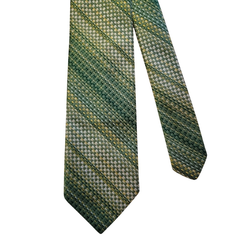 Vintage Lu Casper Necktie Mens OS Green Gold Basketweave Geometric Polyester Tie